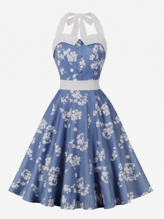 Dames Retro-jurk Babyblauw Bloemenprint Jaren 50 Audrey Hepburn-stijl Mouwloos Halter Rockabilly Jurk