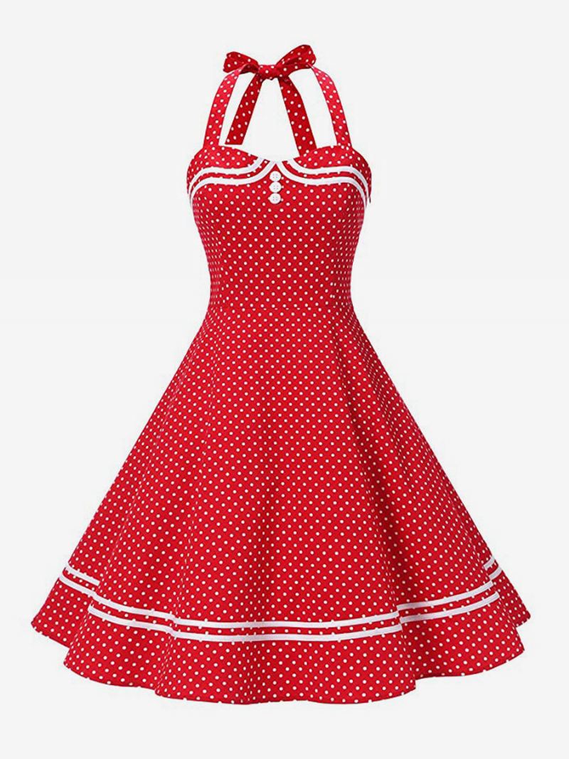 Dames Retro Jurk Jaren 1950 Audrey Hepburn Stijl Gele Geruite Rugloze Knopen Mouwloos Hartvormige Hals Medium Rockabilly - Rood