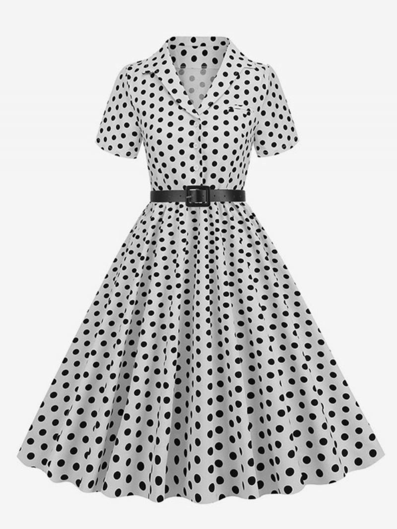 Dames Retro Jurk Jaren 50 Audrey Hepburn Stijl Kraag Knopen Korte Mouwen Polka Dot Swing