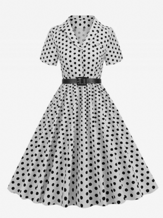 Dames Retro Jurk Jaren 50 Audrey Hepburn Stijl Kraag Knopen Korte Mouwen Polka Dot Swing