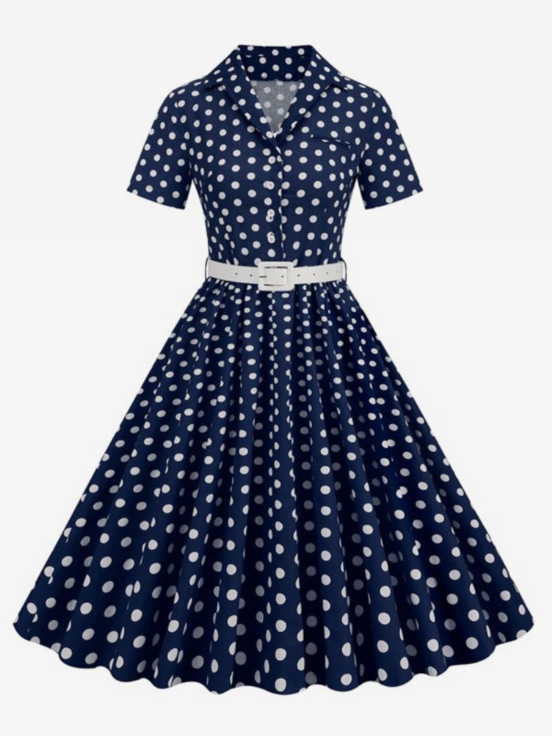 Dames Retro Jurk Jaren 50 Audrey Hepburn Stijl Kraag Knopen Korte Mouwen Polka Dot Swing - Donker Marineblauw