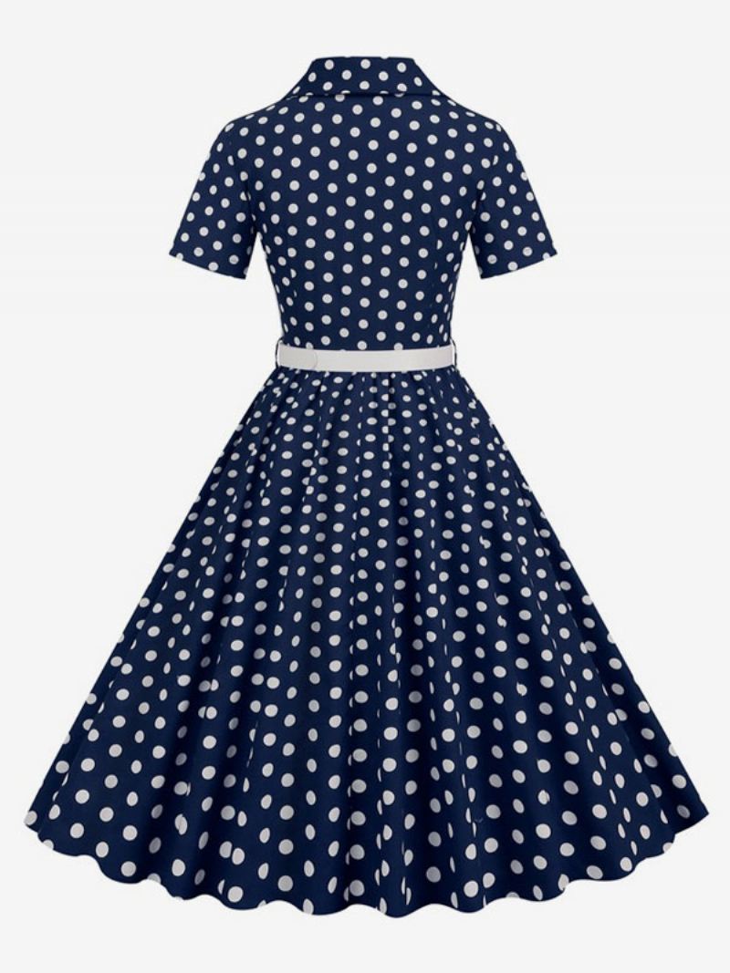 Dames Retro Jurk Jaren 50 Audrey Hepburn Stijl Kraag Knopen Korte Mouwen Polka Dot Swing - Donker Marineblauw