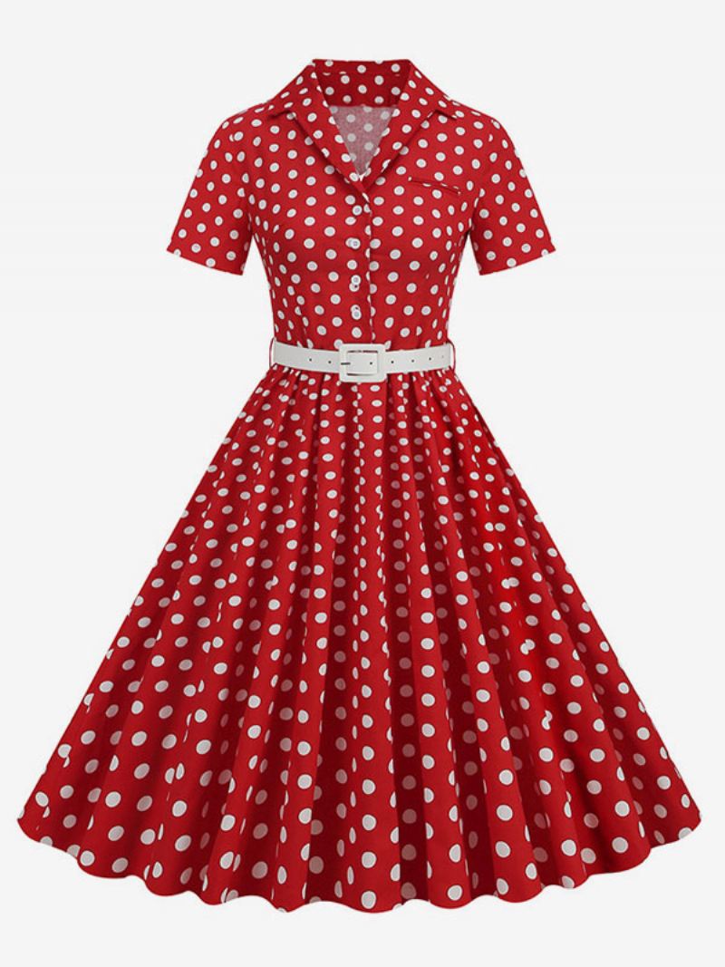 Dames Retro Jurk Jaren 50 Audrey Hepburn Stijl Kraag Knopen Korte Mouwen Polka Dot Swing - Rood