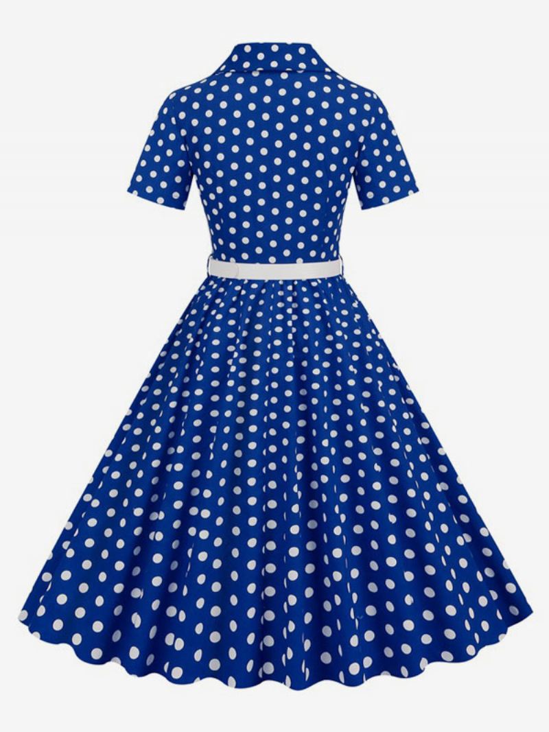 Dames Retro Jurk Jaren 50 Audrey Hepburn Stijl Kraag Knopen Korte Mouwen Polka Dot Swing - Koningsblauw