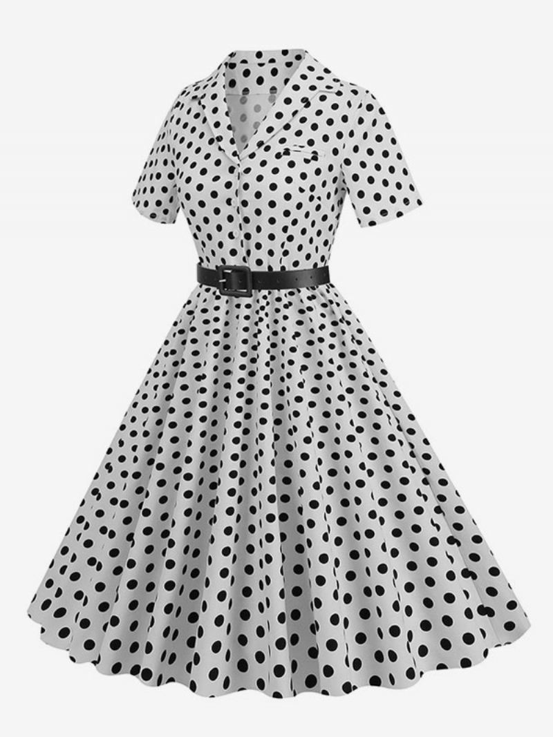 Dames Retro Jurk Jaren 50 Audrey Hepburn Stijl Kraag Knopen Korte Mouwen Polka Dot Swing - Wit