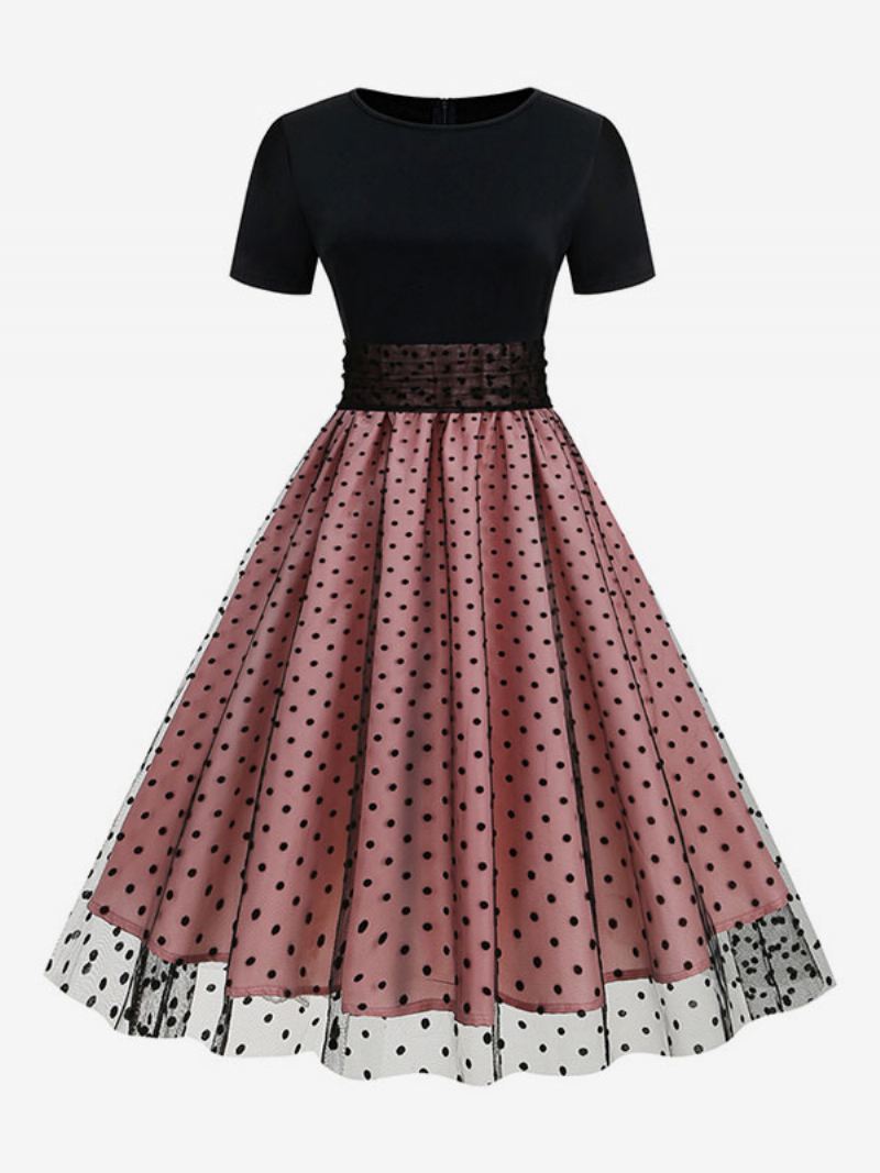 Dames Retro-jurk Jaren 50 Audrey Hepburn-stijl Met Juweelhals Gelaagde Korte Mouwen Medium Polkadot Rockabilly Jurk