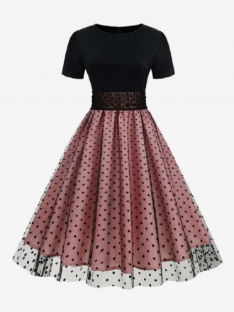 Dames Retro-jurk Jaren 50 Audrey Hepburn-stijl Met Juweelhals Gelaagde Korte Mouwen Medium Polkadot Rockabilly Jurk