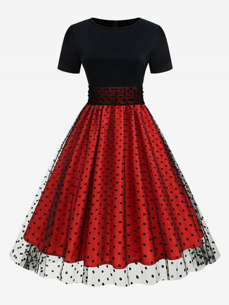 Dames Retro-jurk Jaren 50 Audrey Hepburn-stijl Met Juweelhals Gelaagde Korte Mouwen Medium Polkadot Rockabilly Jurk - Rood