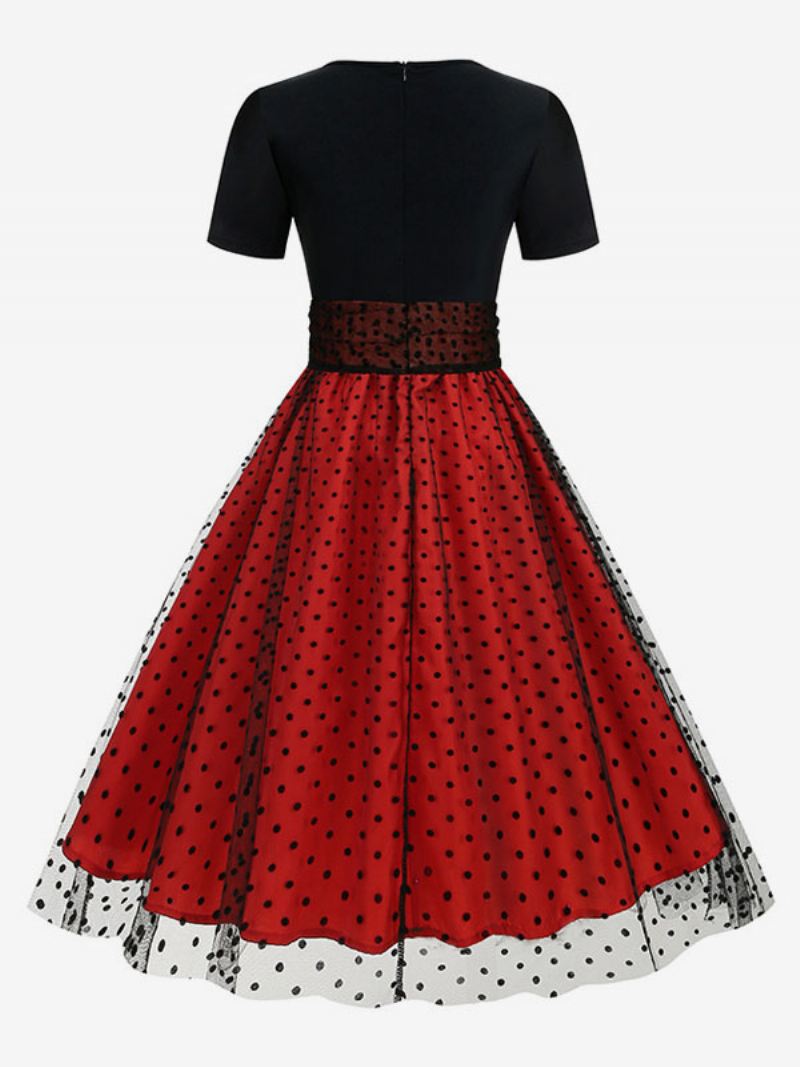 Dames Retro-jurk Jaren 50 Audrey Hepburn-stijl Met Juweelhals Gelaagde Korte Mouwen Medium Polkadot Rockabilly Jurk - Rood