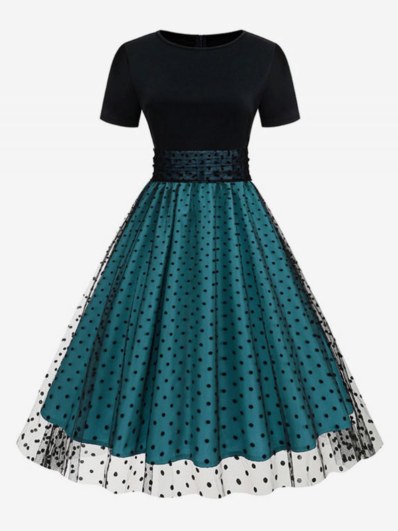 Dames Retro-jurk Jaren 50 Audrey Hepburn-stijl Met Juweelhals Gelaagde Korte Mouwen Medium Polkadot Rockabilly Jurk - Blauw