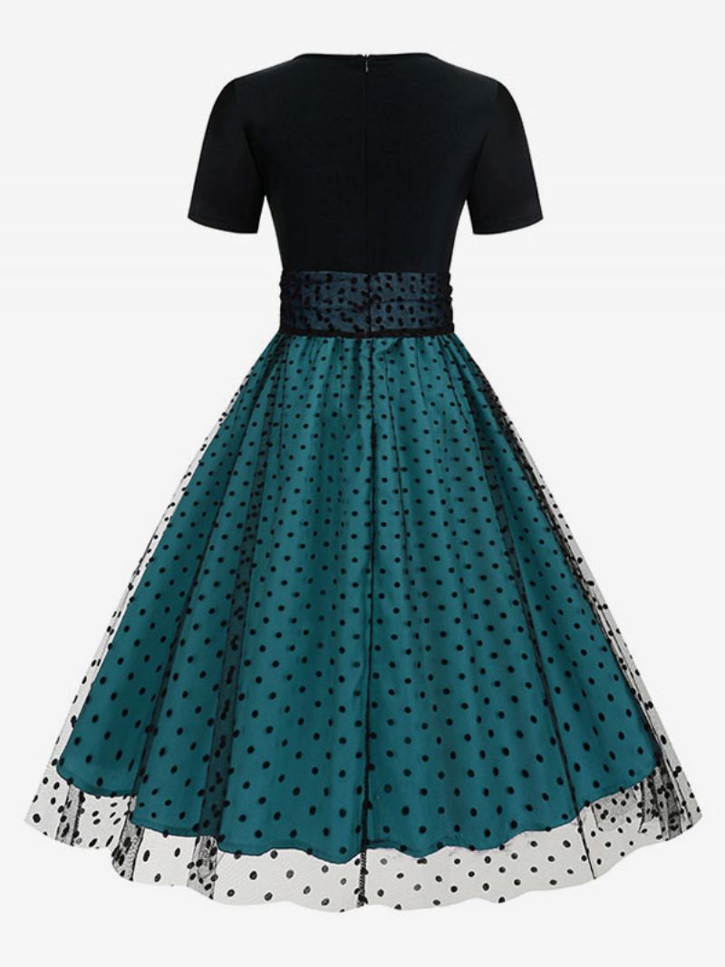 Dames Retro-jurk Jaren 50 Audrey Hepburn-stijl Met Juweelhals Gelaagde Korte Mouwen Medium Polkadot Rockabilly Jurk - Blauw