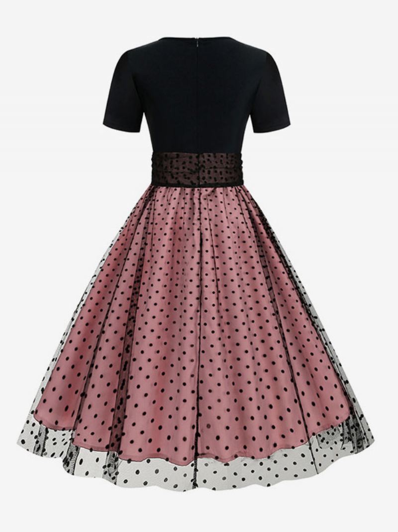 Dames Retro-jurk Jaren 50 Audrey Hepburn-stijl Met Juweelhals Gelaagde Korte Mouwen Medium Polkadot Rockabilly Jurk - Roze