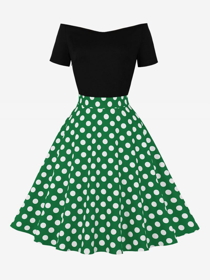 Dames Retro-jurk Jaren 50 Audrey Hepburn-stijl Met Sieraad Korte Mouwen Knielengte Stippen-rockabilly-jurk - Groen