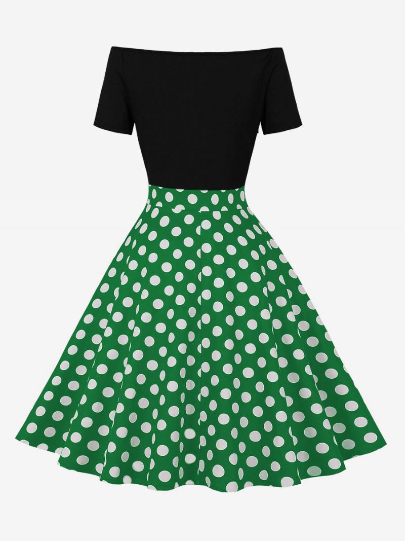 Dames Retro-jurk Jaren 50 Audrey Hepburn-stijl Met Sieraad Korte Mouwen Knielengte Stippen-rockabilly-jurk - Groen