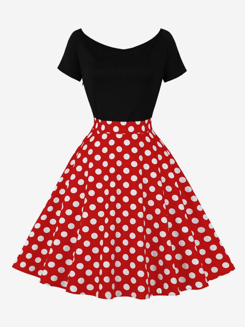 Dames Retro-jurk Jaren 50 Audrey Hepburn-stijl Met Sieraad Korte Mouwen Knielengte Stippen-rockabilly-jurk - Rood