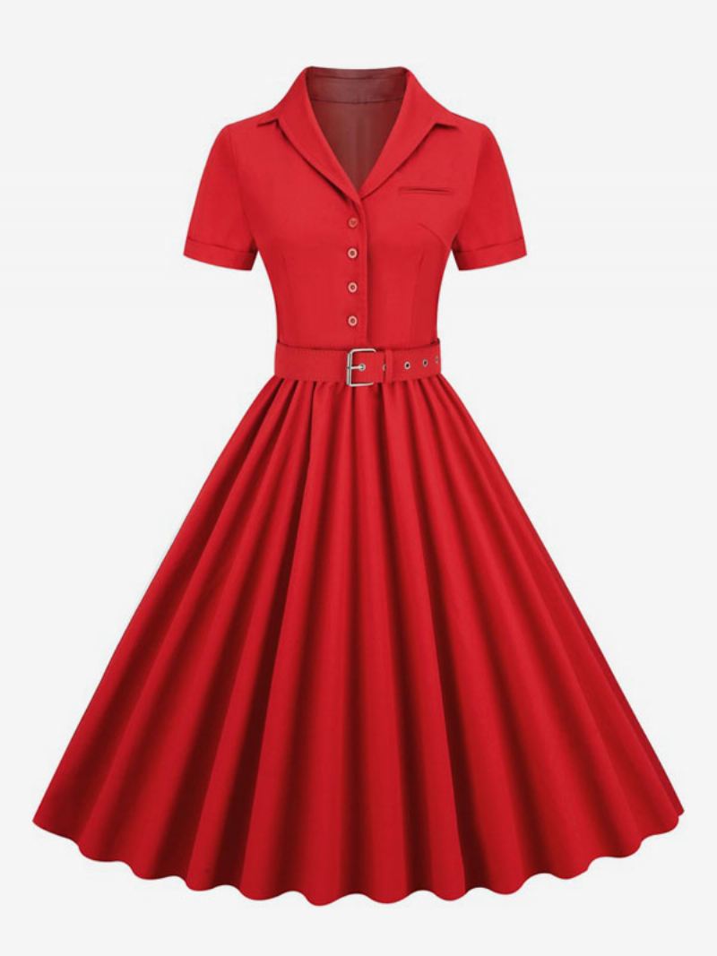 Dames Retro Jurk Jaren 50 Audrey Hepburn Stijl V-hals Knopen Gelaagde Korte Mouwen Medium Rockabilly - Rood