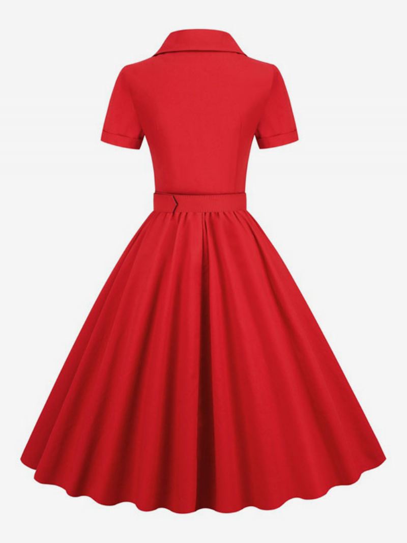 Dames Retro Jurk Jaren 50 Audrey Hepburn Stijl V-hals Knopen Gelaagde Korte Mouwen Medium Rockabilly - Rood