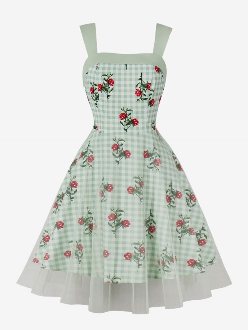 Dames Retro-jurk Jaren '50 Audrey Hepburn-stijl Vierkante Hals Mouwloos Bloemenprint Knielengte Lichtgroen Swingjurk