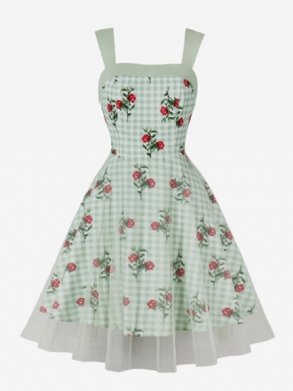 Dames Retro-jurk Jaren '50 Audrey Hepburn-stijl Vierkante Hals Mouwloos Bloemenprint Knielengte Lichtgroen Swingjurk