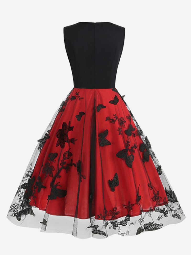 Dames Retro-jurk Jaren 50 Audrey Hepburn-stijl Zwart Tweekleurig Gelaagd Geborduurd Mouwloos V-hals Rockabilly Jurk - Rood