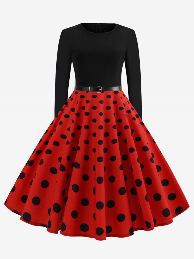 Dames Rode Polka Dot Vintage Jurk Jaren 50 Lange Mouwen Ronde Hals Rockabilly Jurken Swing Retro