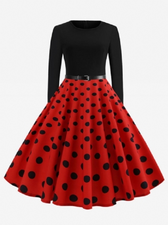 Dames Rode Polka Dot Vintage Jurk Jaren 50 Lange Mouwen Ronde Hals Rockabilly Jurken Swing Retro