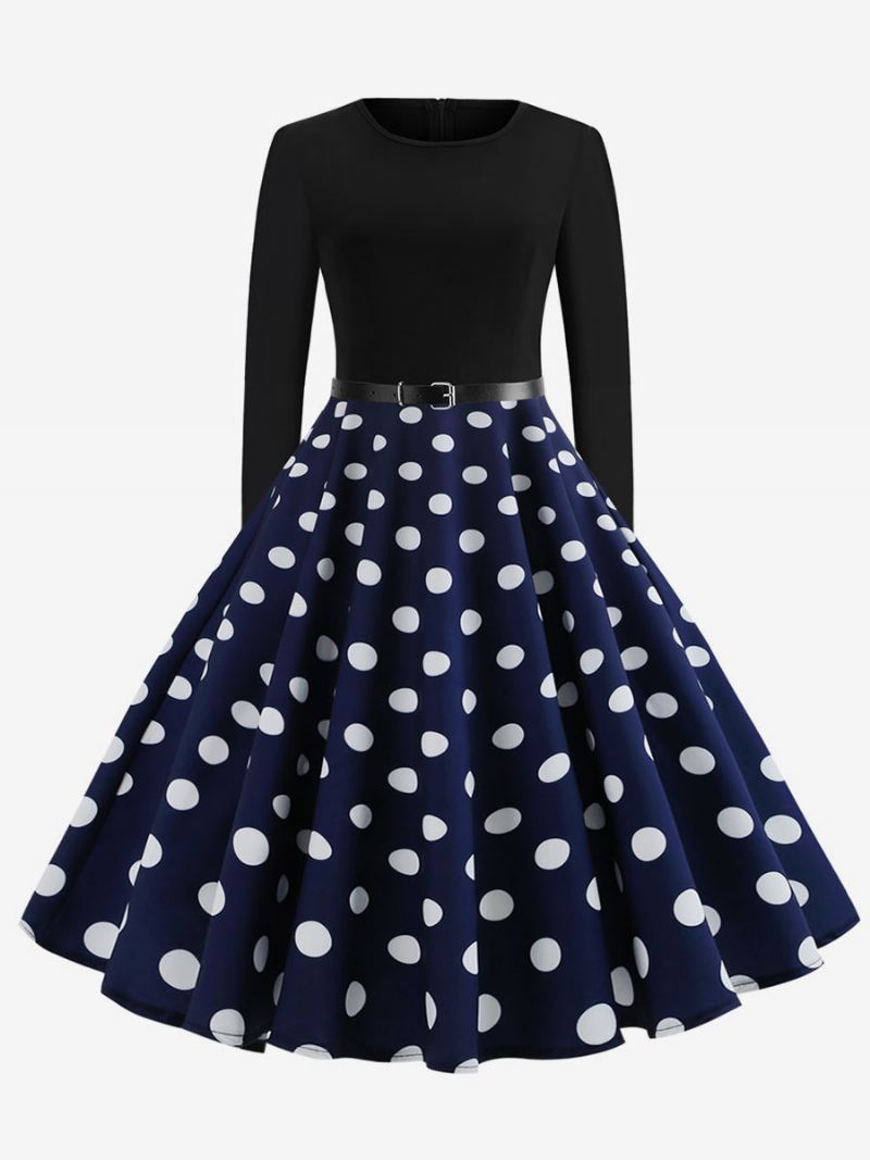 Dames Rode Polka Dot Vintage Jurk Jaren 50 Lange Mouwen Ronde Hals Rockabilly Jurken Swing Retro - Blauw