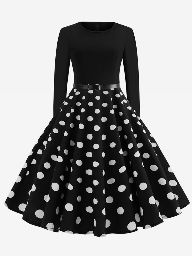 Dames Rode Polka Dot Vintage Jurk Jaren 50 Lange Mouwen Ronde Hals Rockabilly Jurken Swing Retro - Zwart