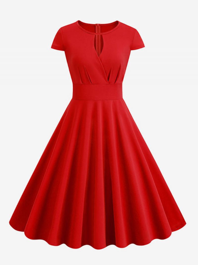 Dames Vintage Jurk Jaren 1950 Audrey Hepburn Stijl Juweel Nek Uitgesneden Korte Mouwen Medium Swing - Rood