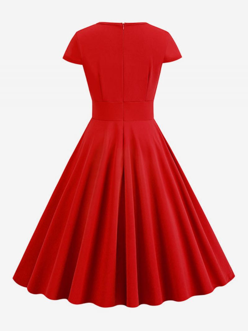 Dames Vintage Jurk Jaren 1950 Audrey Hepburn Stijl Juweel Nek Uitgesneden Korte Mouwen Medium Swing - Rood