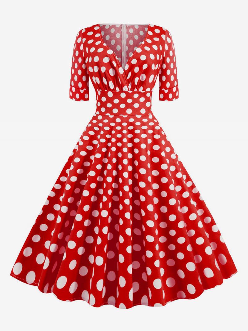 Dames Vintage Jurk Jaren 1950 Audrey Hepburn Stijl Rode Polka Dot Korte Mouwen V-hals Swingjurk