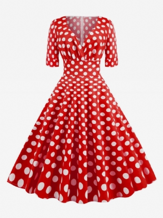 Dames Vintage Jurk Jaren 1950 Audrey Hepburn Stijl Rode Polka Dot Korte Mouwen V-hals Swingjurk