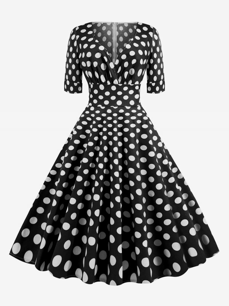 Dames Vintage Jurk Jaren 1950 Audrey Hepburn Stijl Rode Polka Dot Korte Mouwen V-hals Swingjurk - Zwart