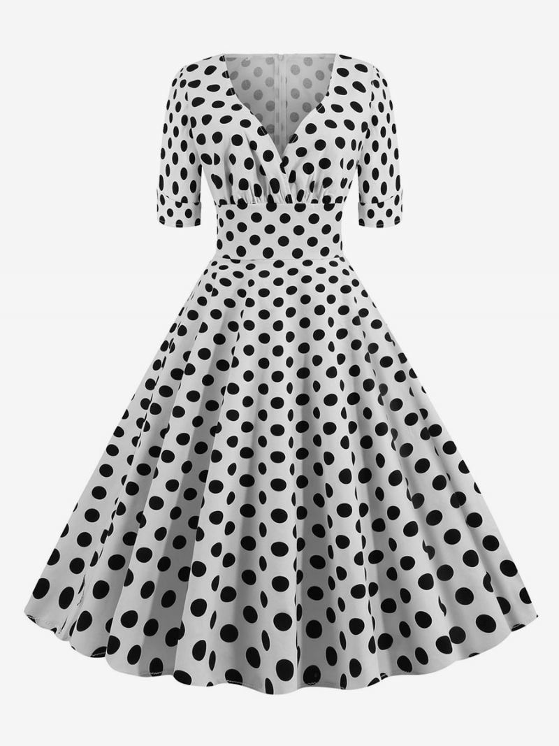 Dames Vintage Jurk Jaren 1950 Audrey Hepburn Stijl Rode Polka Dot Korte Mouwen V-hals Swingjurk - Wit