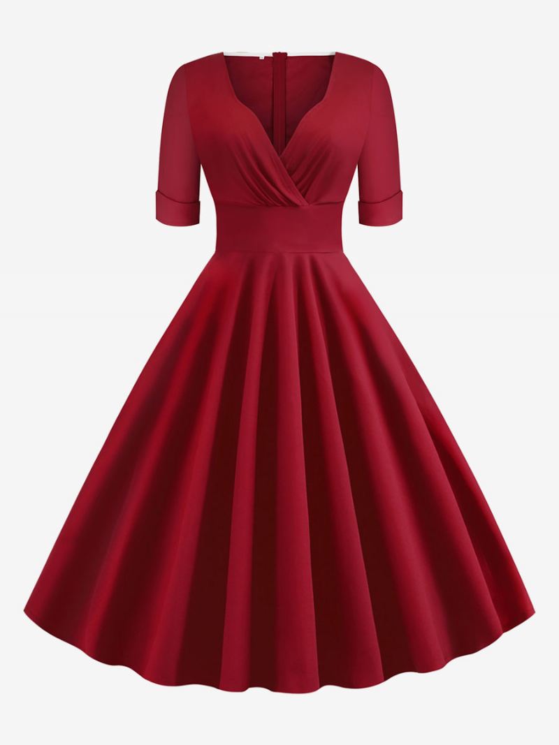 Dames Vintage Jurk Jaren 1950 Audrey Hepburn Stijl Rood Gelaagde Korte Mouwen Sweetheart Hals Rockabilly