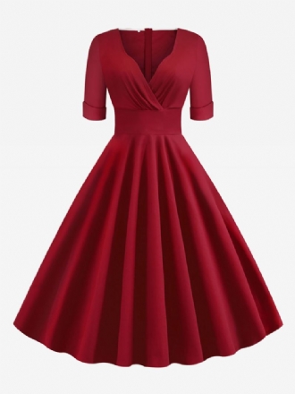 Dames Vintage Jurk Jaren 1950 Audrey Hepburn Stijl Rood Gelaagde Korte Mouwen Sweetheart Hals Rockabilly