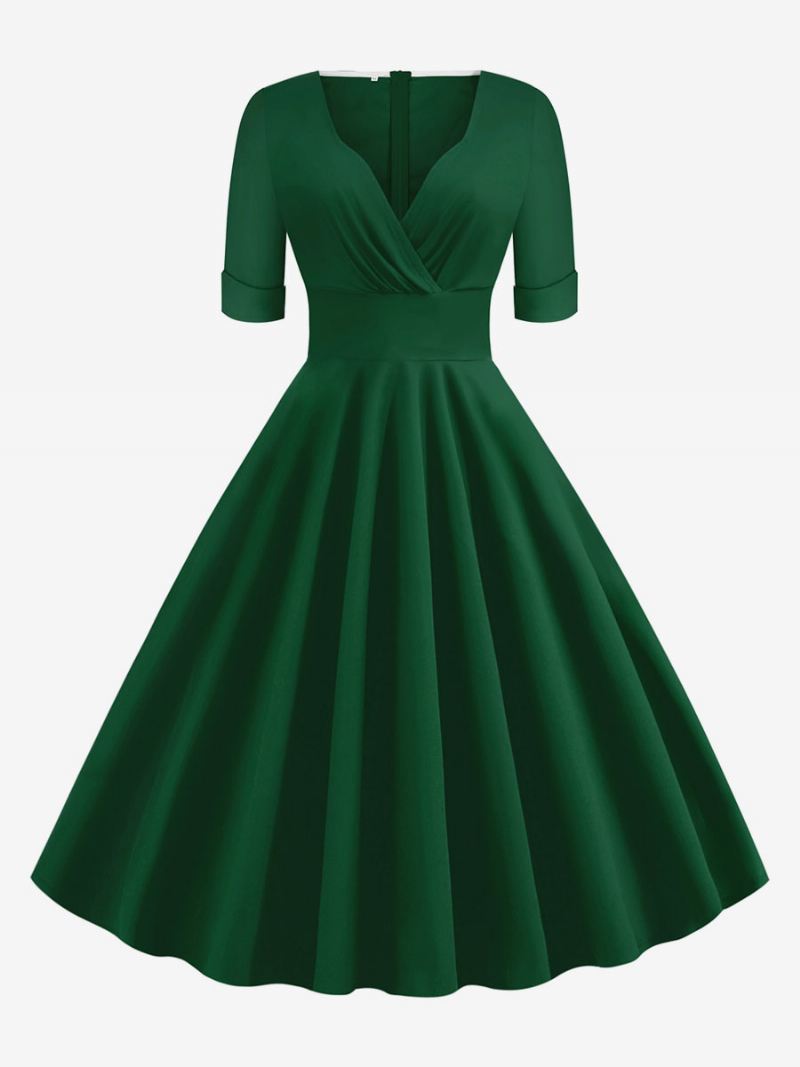 Dames Vintage Jurk Jaren 1950 Audrey Hepburn Stijl Rood Gelaagde Korte Mouwen Sweetheart Hals Rockabilly - Groen