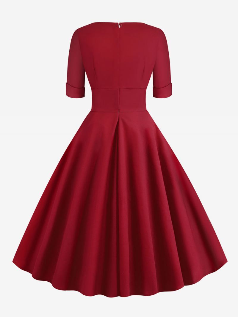 Dames Vintage Jurk Jaren 1950 Audrey Hepburn Stijl Rood Gelaagde Korte Mouwen Sweetheart Hals Rockabilly - Rood