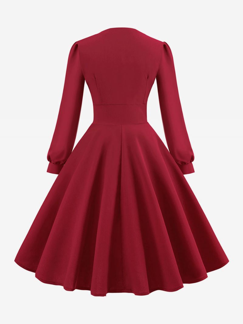 Dames Vintage Jurk Jaren 1950 Audrey Hepburn Stijl V-hals Gelaagde Lange Mouwen Medium Swing - Rood