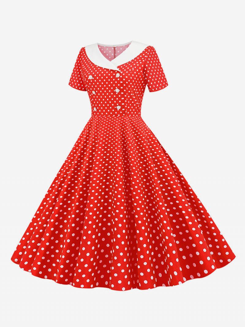 Dames Vintage Jurk Jaren 1950 Audrey Hepburn Stijl V-hals Korte Mouwen Knielengte Polka Dot Swing - Rood