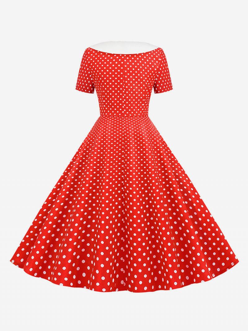 Dames Vintage Jurk Jaren 1950 Audrey Hepburn Stijl V-hals Korte Mouwen Knielengte Polka Dot Swing - Rood