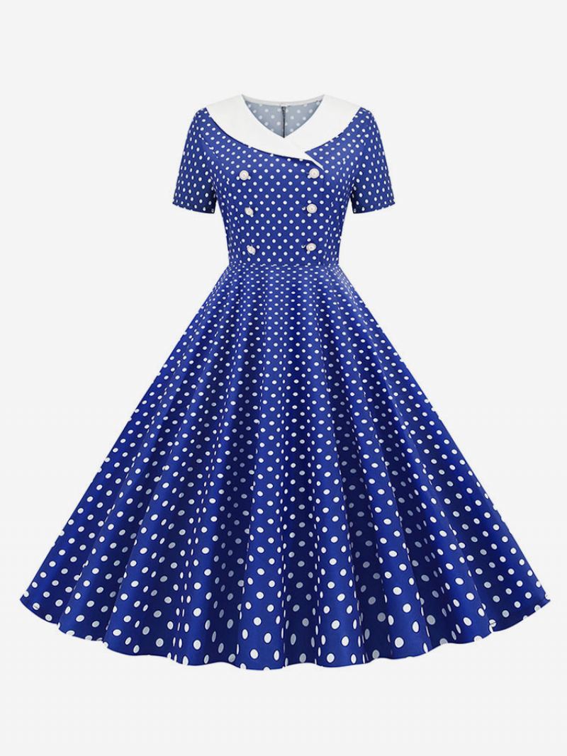 Dames Vintage Jurk Jaren 1950 Audrey Hepburn Stijl V-hals Korte Mouwen Knielengte Polka Dot Swing - Blauw