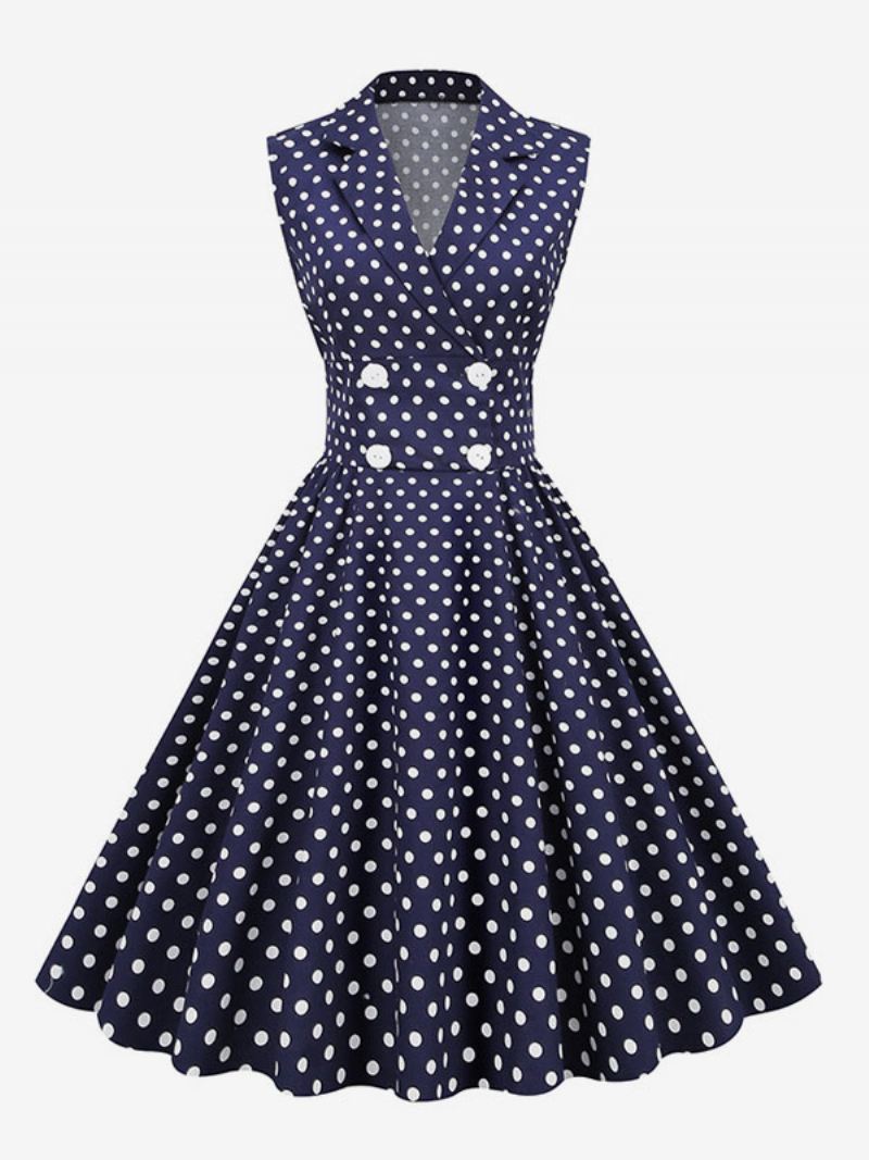 Dames Vintage Jurk Jaren 1950 Audrey Hepburn Stijl V-hals Mouwloos Polka Dot Swing - Donker Marineblauw