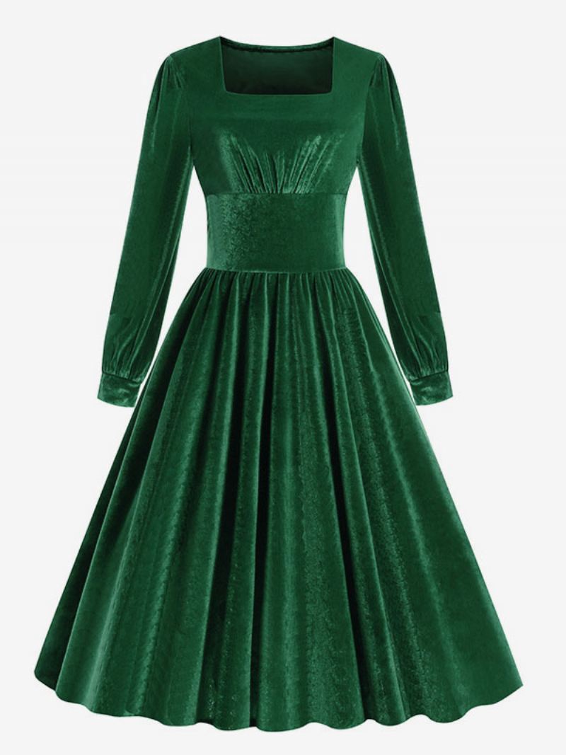 Dames Vintage Jurk Jaren 1950 Audrey Hepburn Stijl Zwarte Lange Mouwen Vierkante Hals Rockabilly - Groen