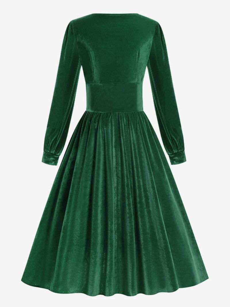 Dames Vintage Jurk Jaren 1950 Audrey Hepburn Stijl Zwarte Lange Mouwen Vierkante Hals Rockabilly - Groen