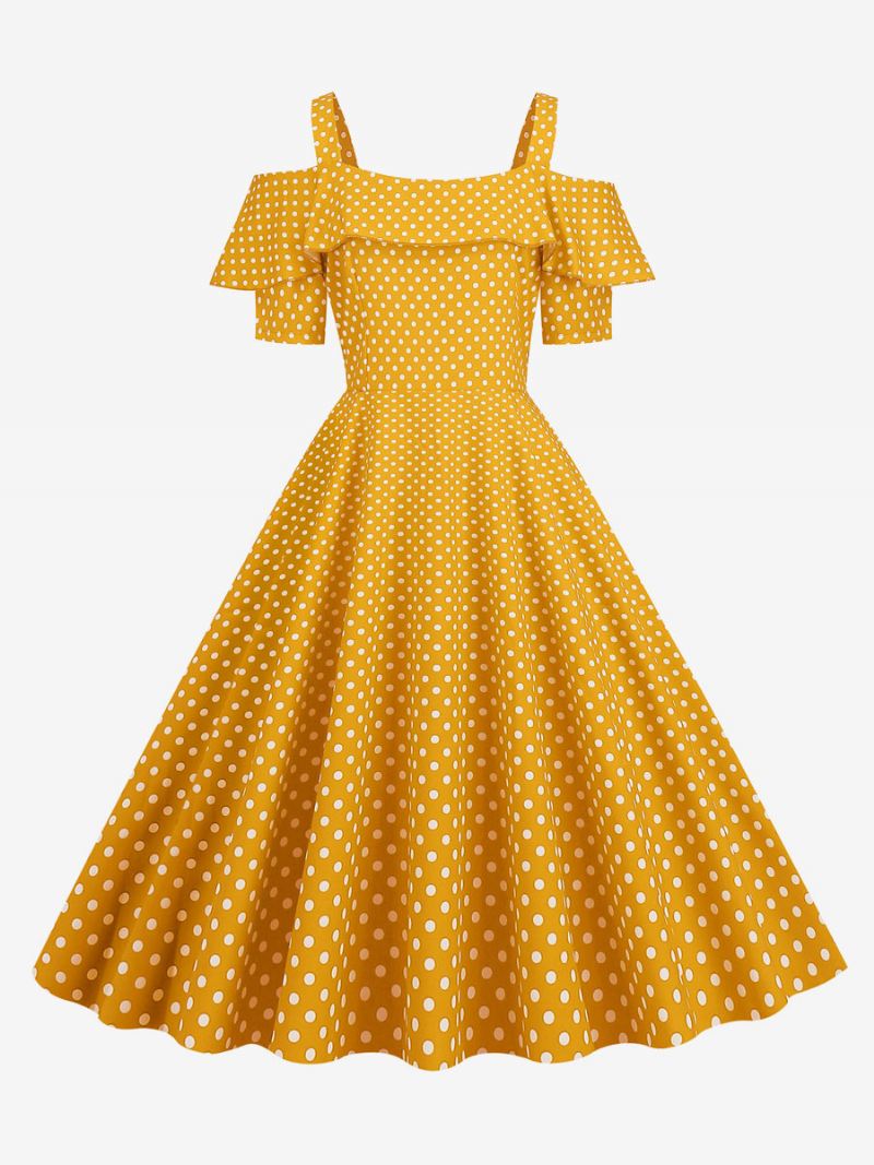 Dames Vintage Jurk Jaren '50 Bateau Neck Korte Mouwen Medium Polka Dot Rockabilly - Geel