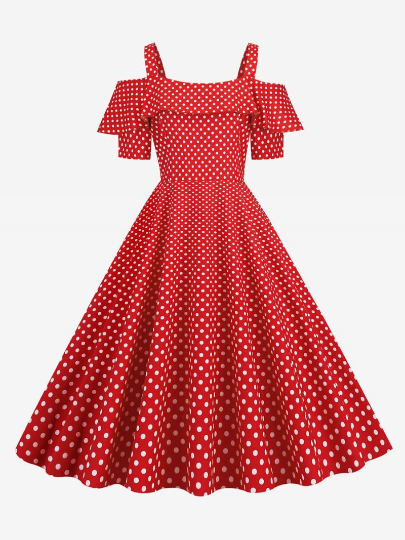 Dames Vintage Jurk Jaren '50 Bateau Neck Korte Mouwen Medium Polka Dot Rockabilly - Rood