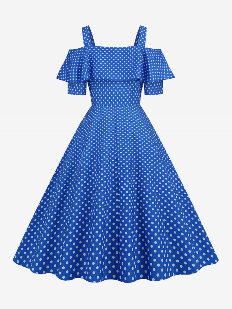 Dames Vintage Jurk Jaren '50 Bateau Neck Korte Mouwen Medium Polka Dot Rockabilly - Blauw