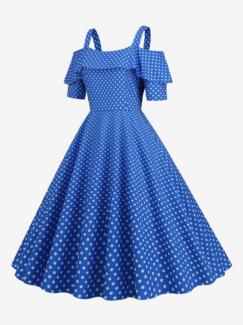 Dames Vintage Jurk Jaren '50 Bateau Neck Korte Mouwen Medium Polka Dot Rockabilly - Blauw