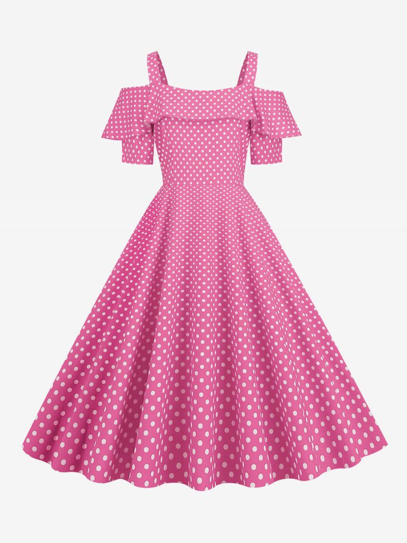 Dames Vintage Jurk Jaren '50 Bateau Neck Korte Mouwen Medium Polka Dot Rockabilly - Roze